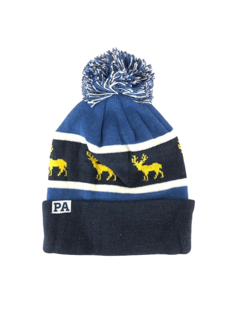Cirque PA Pennsylvania Beanie Hat Deer Pom Cuffed Blue White Yellow One Size